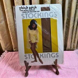 Vintage 60s 70s Thigh High Stockings Deadstock One Size Nude Tan Sheer Nylon